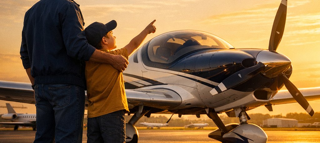 Un père et son fils regardent un avion décoller au coucher du soleil