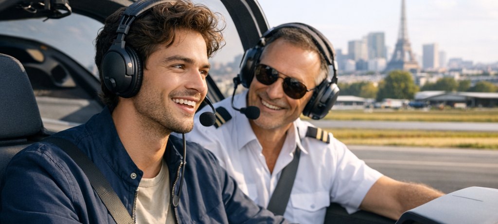 Deux pilotes en cockpit, tour Eiffel en arrière-plan
