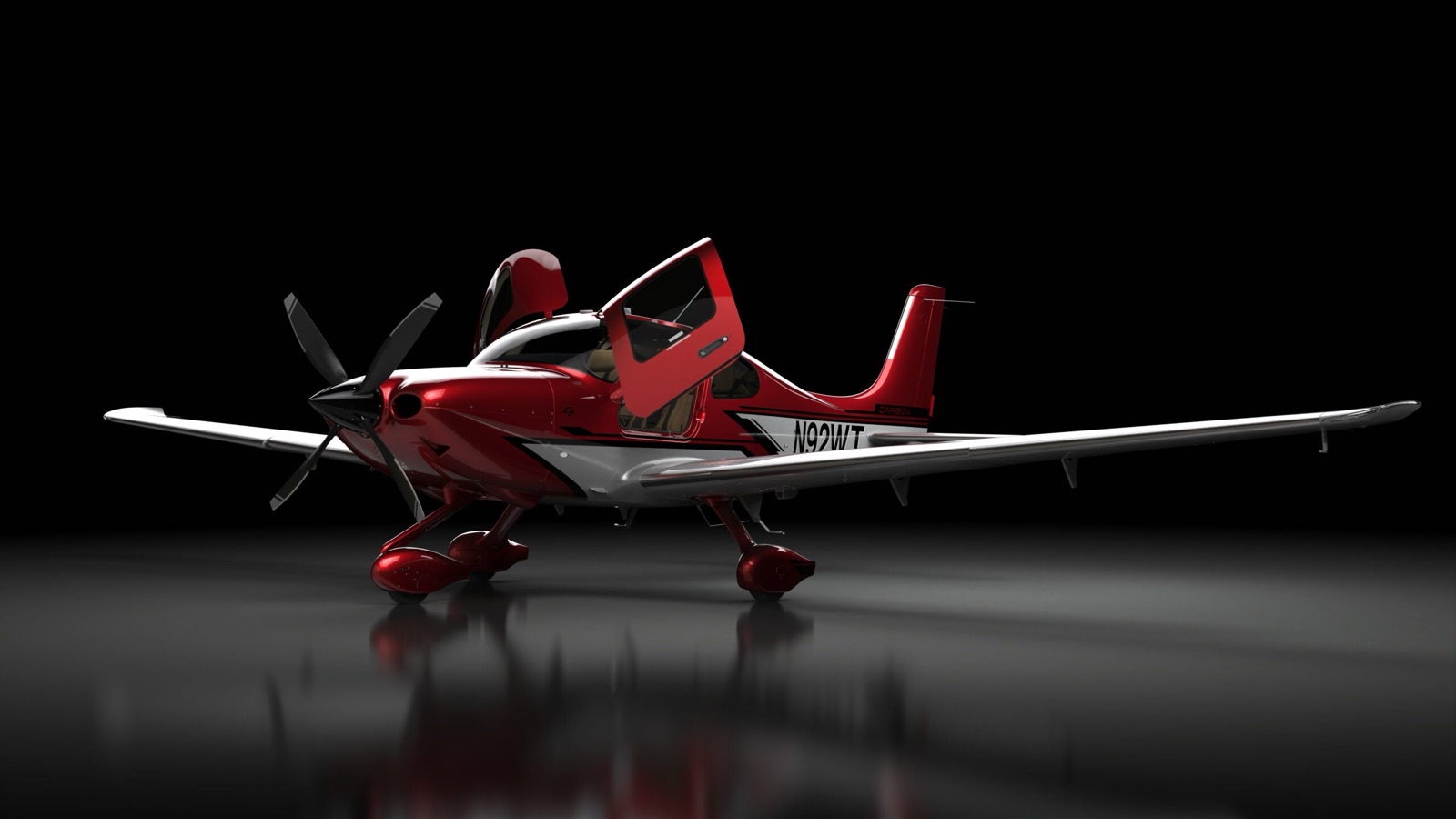 Cirrus SR22 G7 rouge et blanc, portes ouvertes, vue trois-quarts sur fond studio