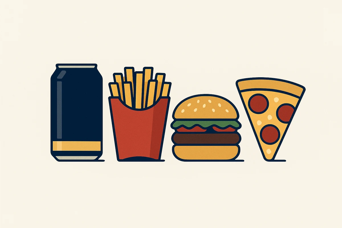 Illustration de restauration rapide : une boisson en canette, une barquette de frites, un burger et une part de pizza