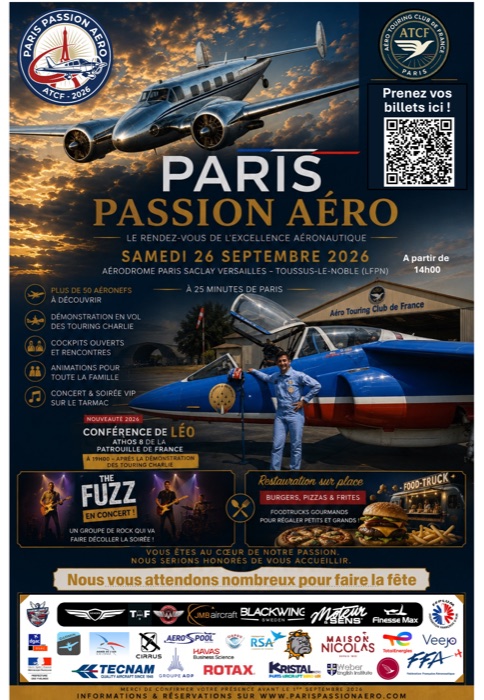 Affiche officielle des Rencontres Paris Passion Aéro — samedi 26 septembre 2026, aérodrome Paris Saclay Versailles Toussus-le-Noble