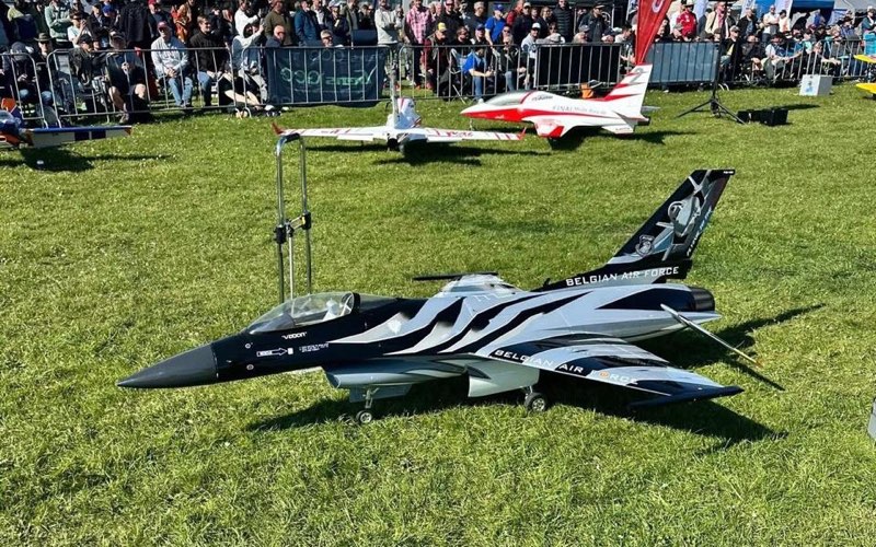 Maquette de F-16 aux couleurs Belgian Air Force, livrée noire et blanche zébrée, posée dans l'herbe devant le public d'un meeting d'aéromodélisme